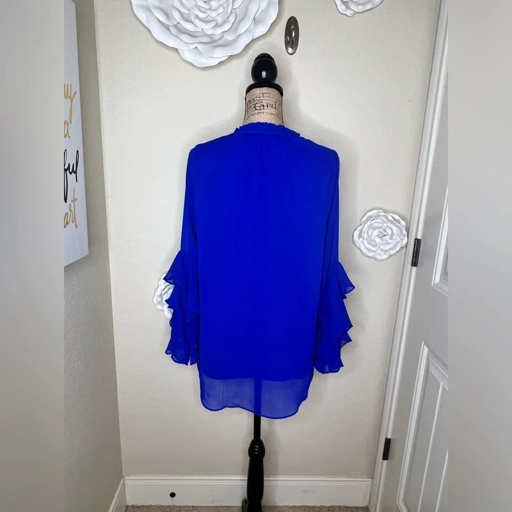 Gibson Latimer Ruffled Sheer Overlay Bell Sleeves Royal Blue Blouse Size M